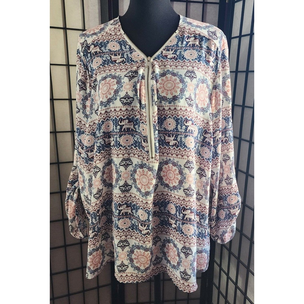 Rue21 plus Bohemian Maroon Pink Blue Elephant zipper tunic roll-up sleeves 3X